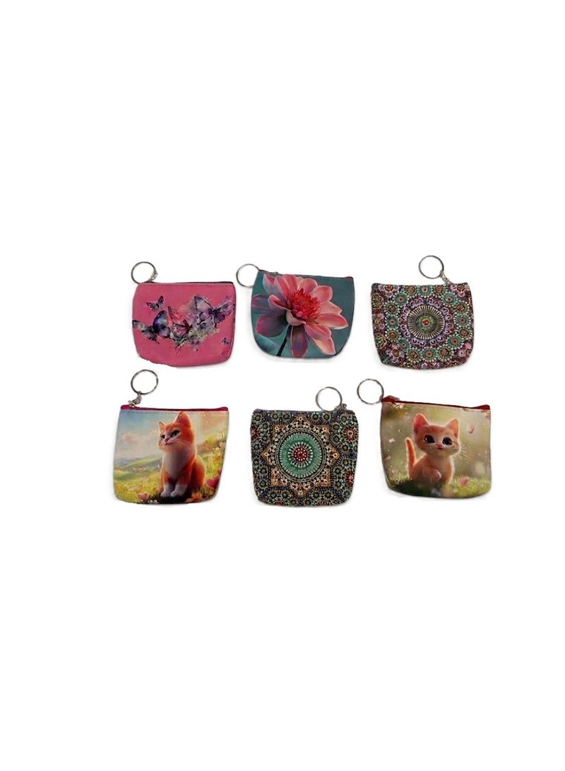 Set of 6 Mini Coin Purses for Girls, Assorted Designs with Keychain Ring