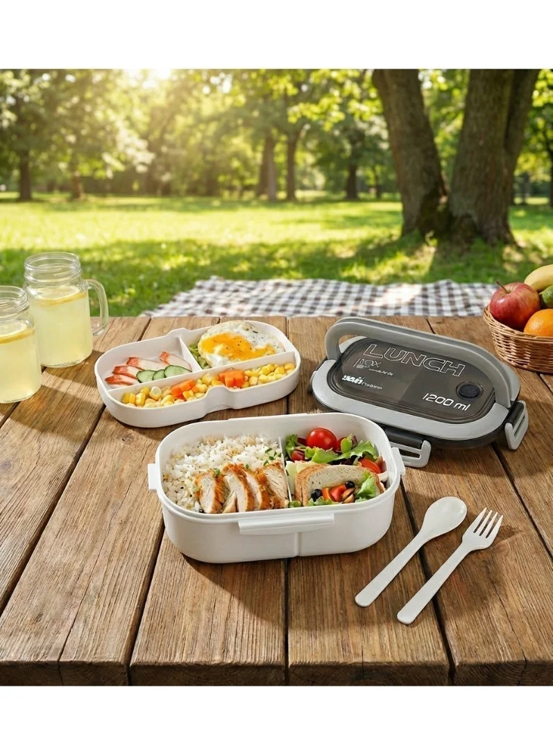 ياهـ صندوق غداء ياهـ المانع للتسرب - بطبقتين و6 حجرات، طراز: LunchMate - آمن للاستخدام في الميكروويف وغسالة الصحون، يتضمن ملعقة وشوكة - مع مقبض مريح لانش بوكس للمدرسة والعمل والسفر