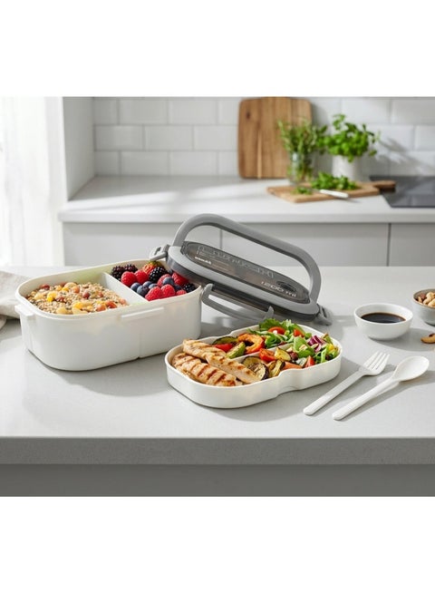 صندوق غداء ياهـ المانع للتسرب - بطبقتين و6 حجرات، طراز: LunchMate - آمن للاستخدام في الميكروويف وغسالة الصحون، يتضمن ملعقة وشوكة - مع مقبض مريح لانش بوكس للمدرسة والعمل والسفر