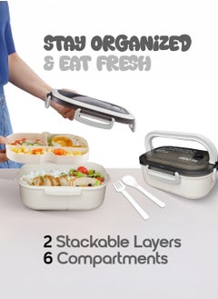 YAH Creation YAH Leak-Proof Bento Lunch Box - 2 Layers and 6 Compartments, Model: LunchMate - Microwave & Dishwasher Safe, Includes Spoon & Fork - Convenient Handle for School, Work, and Travel  - Image 2