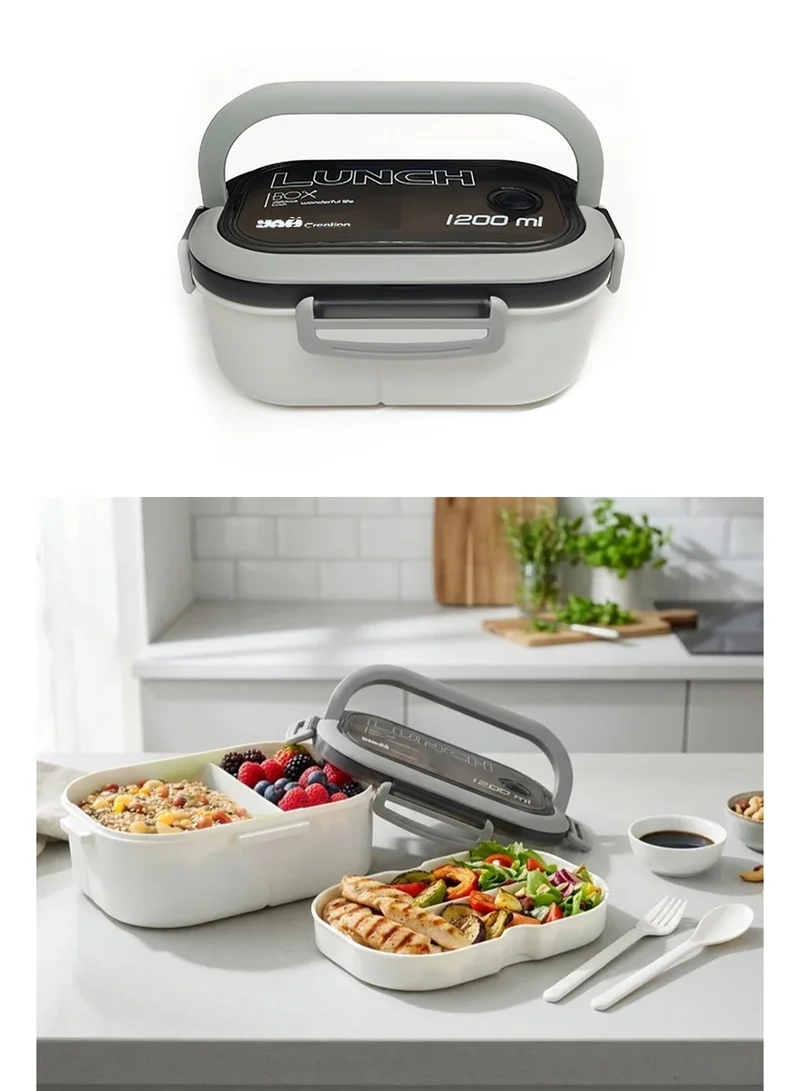 YAH Creation YAH Leak-Proof Bento Lunch Box - 2 Layers and 6 Compartments, Model: LunchMate - Microwave & Dishwasher Safe, Includes Spoon & Fork - Convenient Handle for School, Work, and Travel