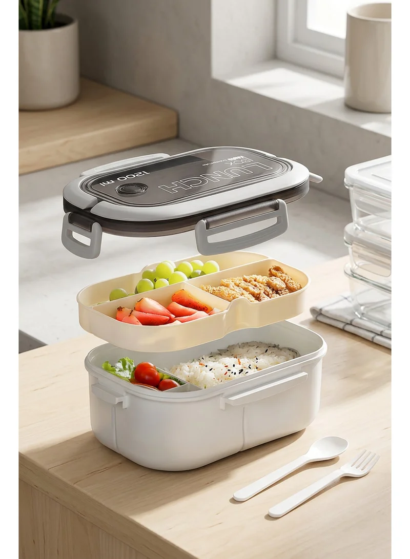 YAH Creation YAH Leak-Proof Bento Lunch Box - 2 Layers and 6 Compartments, Model: LunchMate - Microwave & Dishwasher Safe, Includes Spoon & Fork - Convenient Handle for School, Work, and Travel