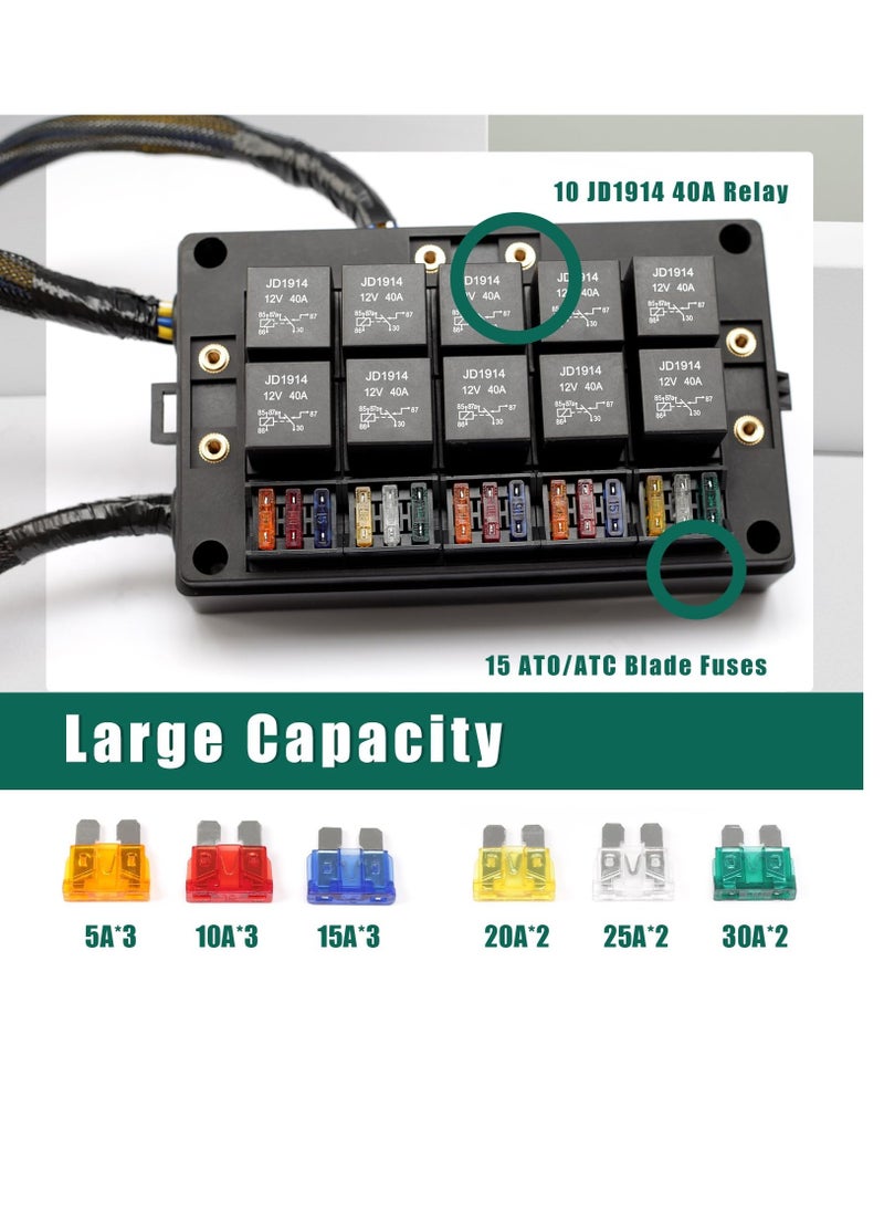 Excefore - 15 Slots Fuse Relay Box 12V Automotive, Fuse Relay Block Pre-Wired, 10 Way Relay Panel, Universal Waterproof Relay Box ATC/ATO Fuse Holder, Fuse Block and Relay Kit for Auto Car Truck Marine Boat - Image 1