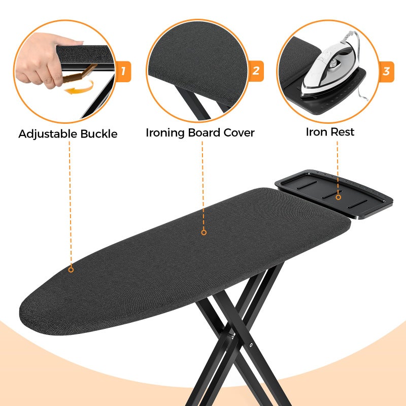 APEXCHASER Ironing Board Full Size, Iron Board and Ironing Board Set Height Adjustable, Foldable Ironing Boards Standard Size, Iron Table Stand with Anti-Skid Legs and Iron Rest, 13" x 43" Black - Image 4