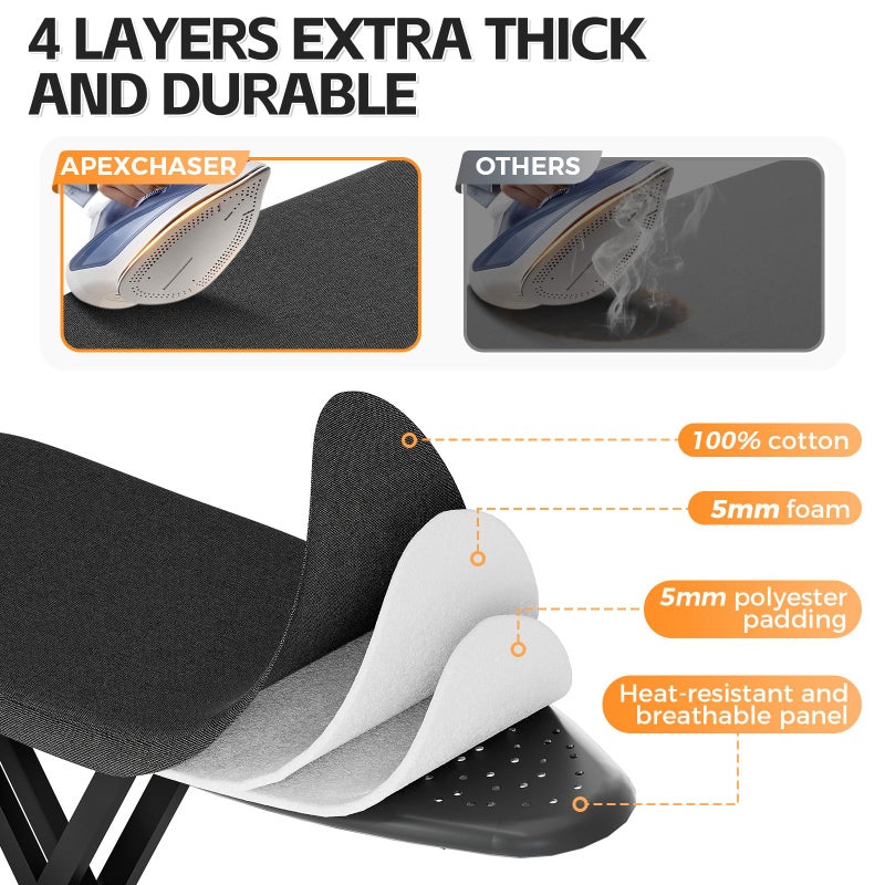 APEXCHASER Ironing Board Full Size, Iron Board and Ironing Board Set Height Adjustable, Foldable Ironing Boards Standard Size, Iron Table Stand with Anti-Skid Legs and Iron Rest, 13" x 43" Black - Image 3