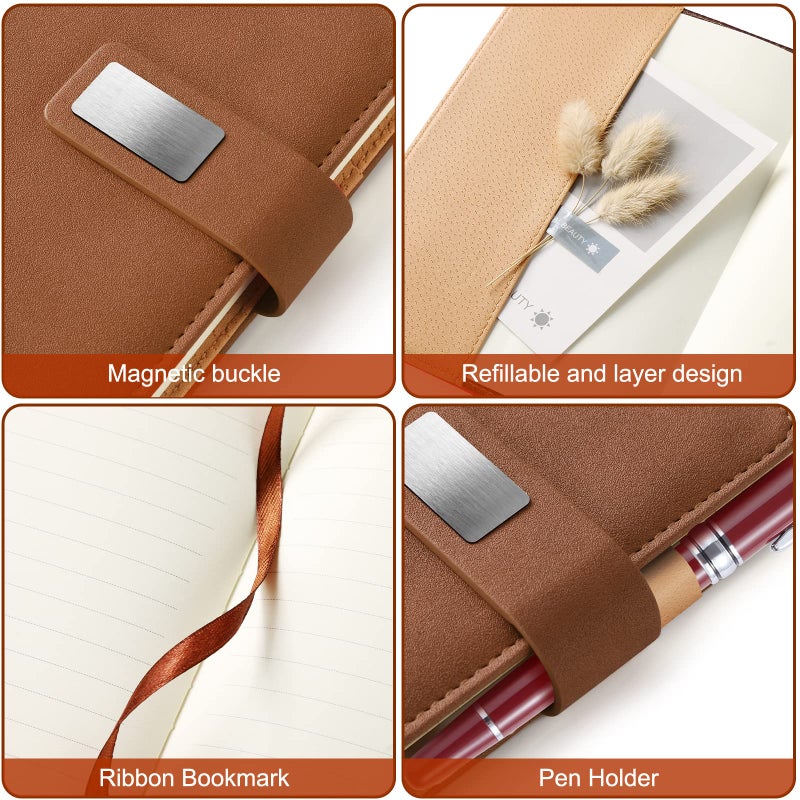 Mousbull A5 Lined Leather Journal with Pen, 240 Pages Refillable Hardcover Notebook with Pocket and Magnetic Buckle, 80gsm Thick Daily Diary for Men and Women, Great Gift for Business School Travel Personal - - Image 3