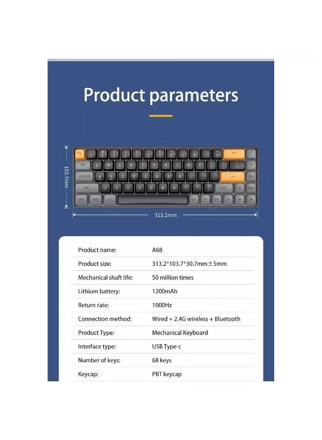 aigo A68 3-Mode Wireless, Bluetooth, Wired Gaming Mechancial Keyboard - Yellow Switch Hot Swappable - 1000Hz Polling rate - PBT keycaps - Detchable USB C Cable - Image 2
