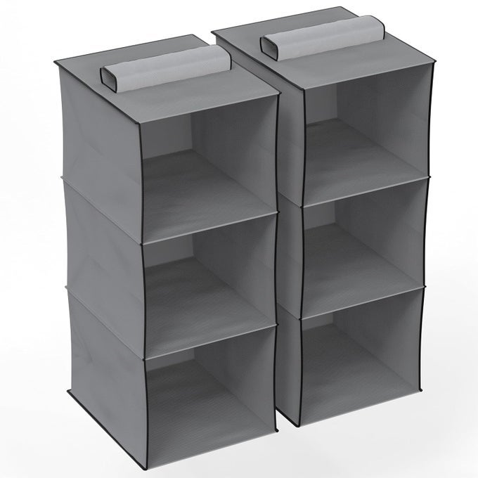 HANGING SHELF CLOTH STORAGE ORGANIZER UNIVERSAL FIT HANGING CLOSET ORGANIZER FOR WARDROBE 10 X 12 X 35 INCHES GREY 3 TIER SHELF PACK OF 2