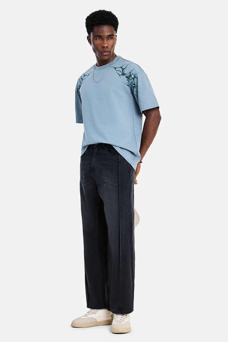 SNITCH Charcoal Grey Solid Wide Leg Streetwear Jeans