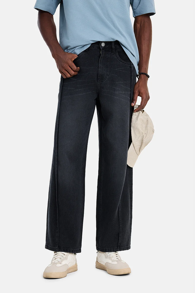 SNITCH Charcoal Grey Solid Wide Leg Streetwear Jeans