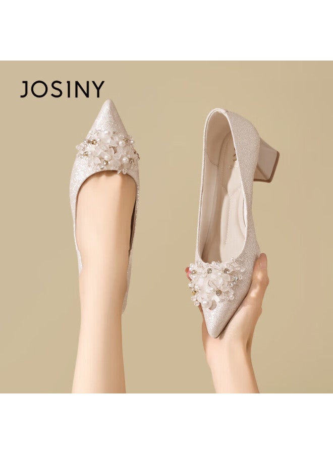 Josiny Floral Rhinestone Wedding Shoes Women  New Spring Pointed Toe Elegant Chunky Heel Bridal Xiuhé High Heels Light Gold Size 39 - Image 1