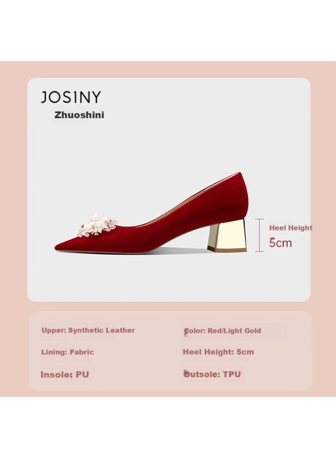 Josiny Floral Rhinestone Wedding Shoes Women  New Spring Pointed Toe Elegant Chunky Heel Bridal Xiuhé High Heels Light Gold Size 39 - Image 2