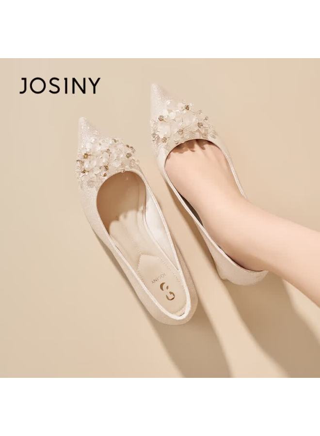 Josiny Floral Rhinestone Wedding Shoes Women  New Spring Pointed Toe Elegant Chunky Heel Bridal Xiuhé High Heels Light Gold Size 39 - Image 4