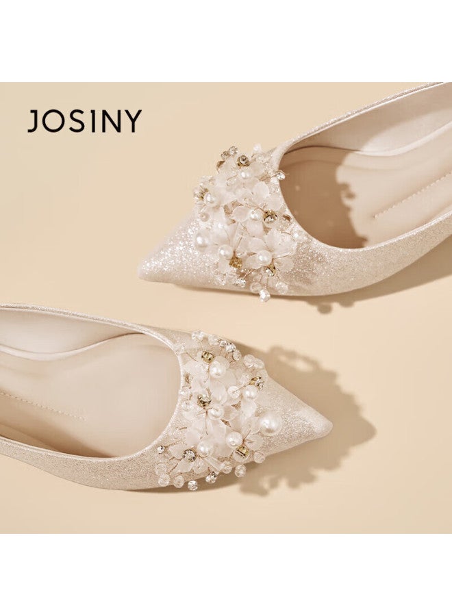 Josiny Floral Rhinestone Wedding Shoes Women  New Spring Pointed Toe Elegant Chunky Heel Bridal Xiuhé High Heels Light Gold Size 39 - Image 3