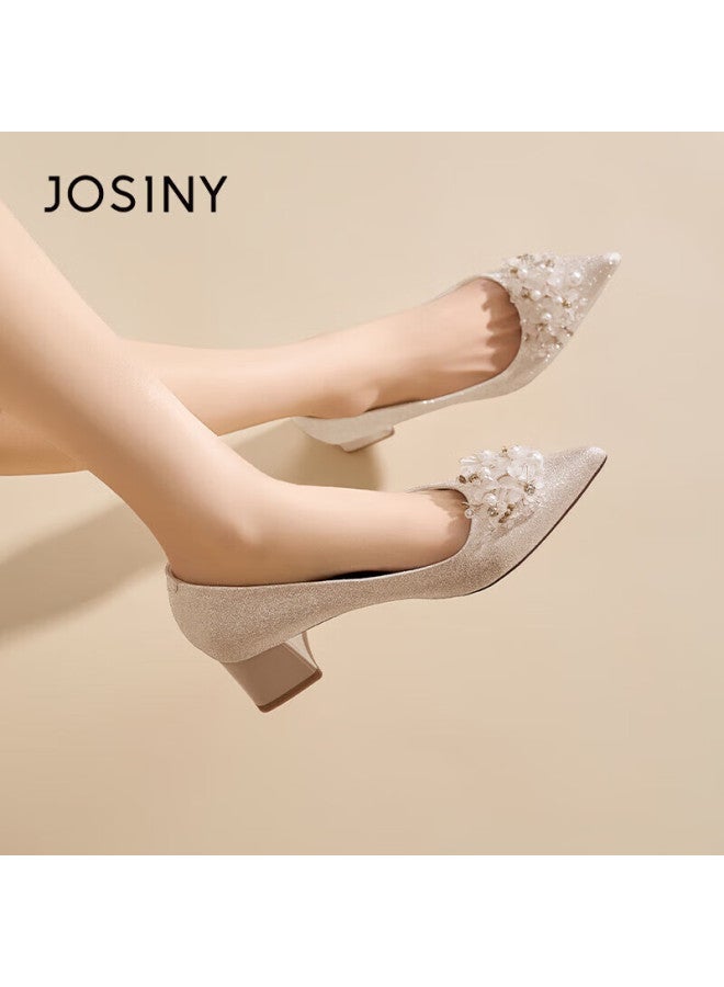 Josiny Floral Rhinestone Wedding Shoes Women  New Spring Pointed Toe Elegant Chunky Heel Bridal Xiuhé High Heels Light Gold Size 39 - Image 5