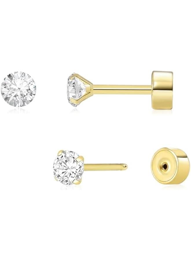 Arabest Threadless Flat Back Earrings, Hypoallergenic 14K Real Gold Plated CZ Stud Earrings | Cartilage Earring | Tragus Helix Piercing Jewelry | Push in Flatback Earrings for Women Men  - Image 1