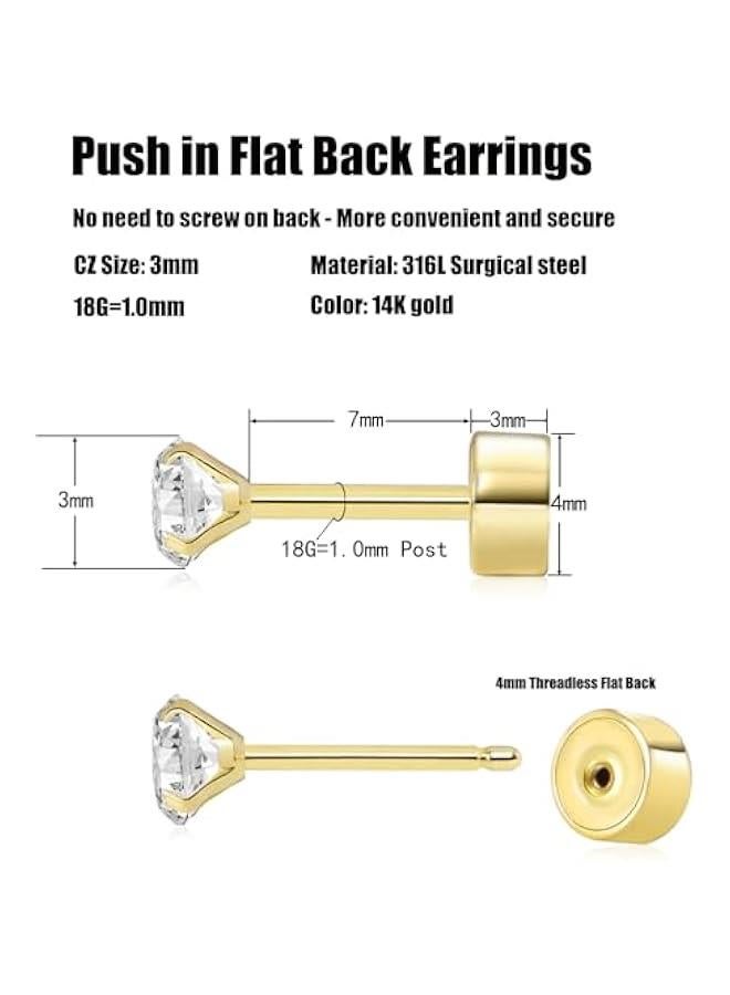 Arabest Threadless Flat Back Earrings, Hypoallergenic 14K Real Gold Plated CZ Stud Earrings | Cartilage Earring | Tragus Helix Piercing Jewelry | Push in Flatback Earrings for Women Men  - Image 4