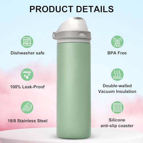 XccMe 24 oz Insulated Water Bottle with Straw,Stainless Steel Leak Proof Water Bottle,2-in-1 Lid with One-Touch Flip Lid & Straw,Keep Cold All Day for School,Travel,Gym,Camping,Sports,Green - Image 5