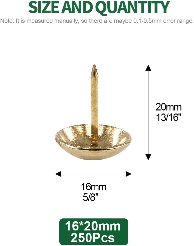 Keadic 250Pcs 5/8" (16mm) Antique Upholstery Tacks Furniture Nails Pins Kit for Upholstered Furniture Cork Board or DIY Projects - Gold - Image 2