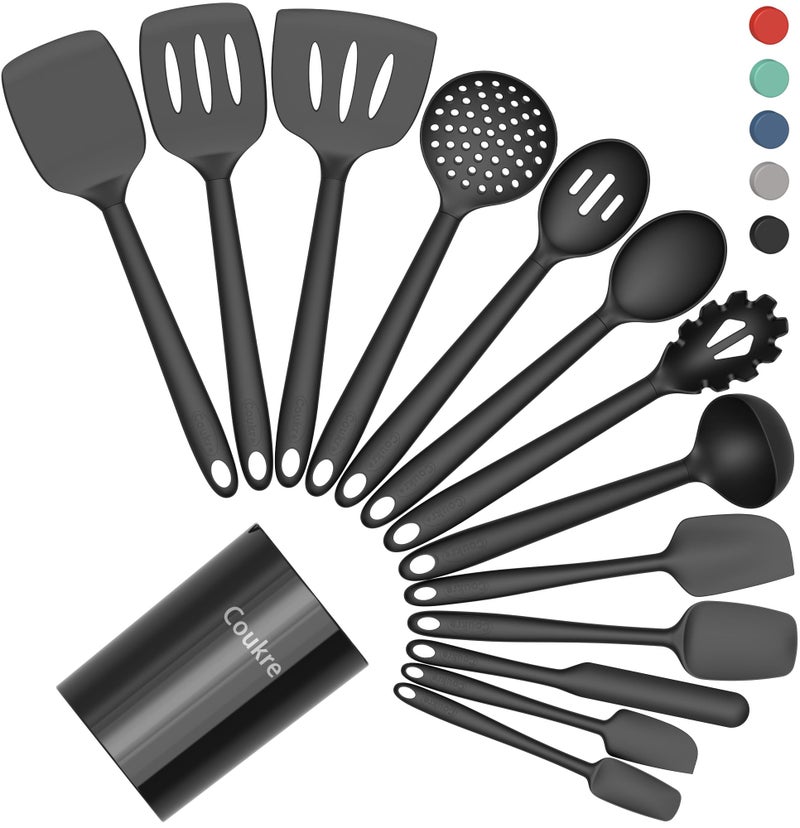 Coukre Silicone Kitchen Cooking Utensils Set with Holder  HeatResistant FoodGrade Kitchen Tools Spatula Spoon  Gadgets for NonStick Pans Dishwasher Safe 14 PureBlack