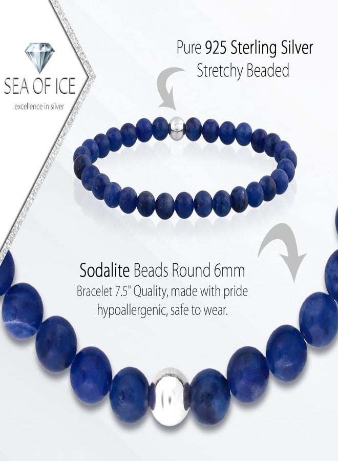 SEA OF ICE Precious Gemstone 6mm Round Beads - with Sterling Silver Stretchy Beaded Bracelet -7.5" Bracelet for Everyday Wear - Image 2