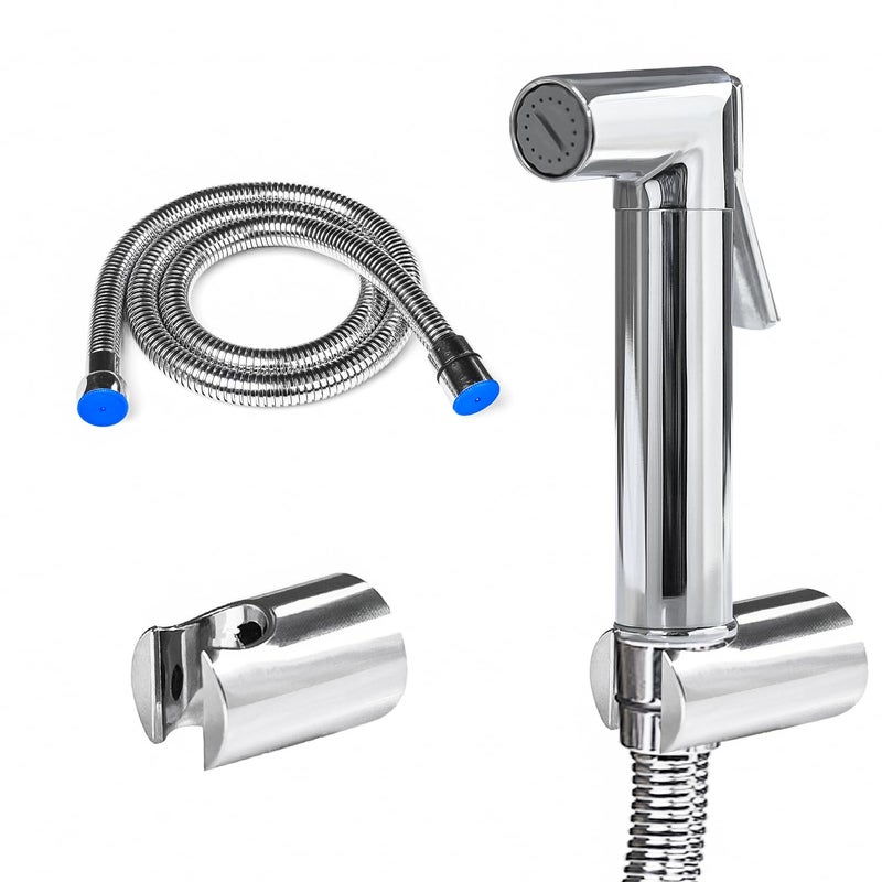 HOMEMATES HOMEMATES Brass Handheld Bidet High Pressure Health Faucet Rover Jet Spray Shower Set for Bathroom/Western Toilet with Ultra Flexible 1mtr Wall Hook Hose Pipe, Silver Finish (Set of 1) - Image 1