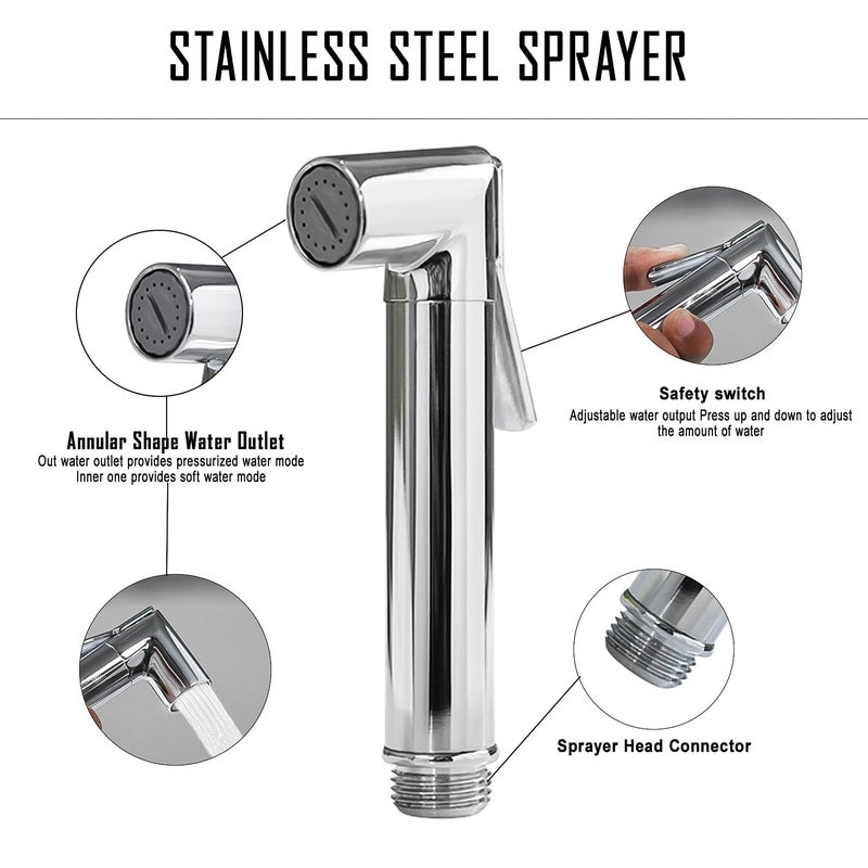 HOMEMATES HOMEMATES Brass Handheld Bidet High Pressure Health Faucet Rover Jet Spray Shower Set for Bathroom/Western Toilet with Ultra Flexible 1mtr Wall Hook Hose Pipe, Silver Finish (Set of 1) - Image 2