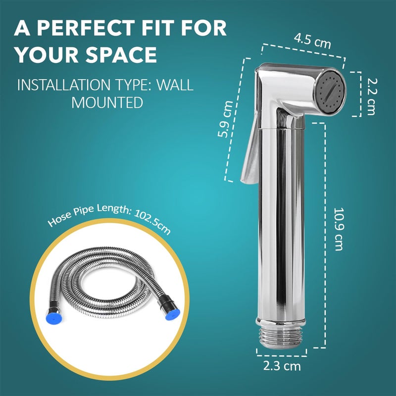 HOMEMATES HOMEMATES Brass Handheld Bidet High Pressure Health Faucet Rover Jet Spray Shower Set for Bathroom/Western Toilet with Ultra Flexible 1mtr Wall Hook Hose Pipe, Silver Finish (Set of 1) - Image 4