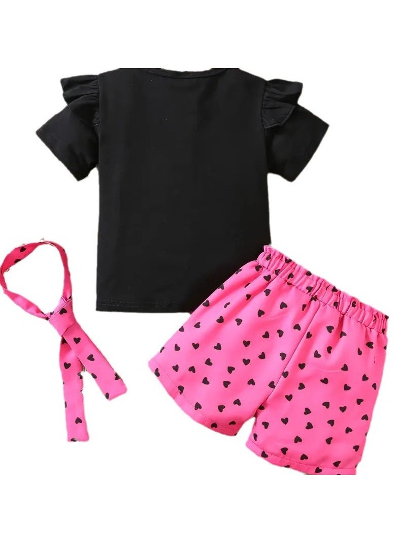 Generic - 3pcs, Cartoon Cat Graphic Frill Trim Short Sleeve, Crew Neck T-shirt + Heart Pattern Shorts With headband Set For Girls, Comfy And Trendy Suit Summer Gift Holiday Set - Image 1