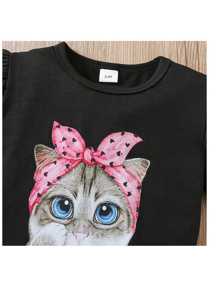 Generic - 3pcs, Cartoon Cat Graphic Frill Trim Short Sleeve, Crew Neck T-shirt + Heart Pattern Shorts With headband Set For Girls, Comfy And Trendy Suit Summer Gift Holiday Set - Image 1
