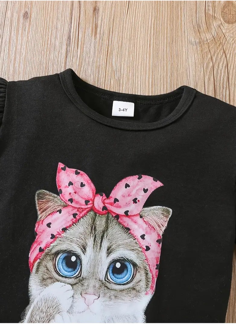 Generic - 3pcs, Cartoon Cat Graphic Frill Trim Short Sleeve, Crew Neck T-shirt + Heart Pattern Shorts With headband Set For Girls, Comfy And Trendy Suit Summer Gift Holiday Set - Image 1
