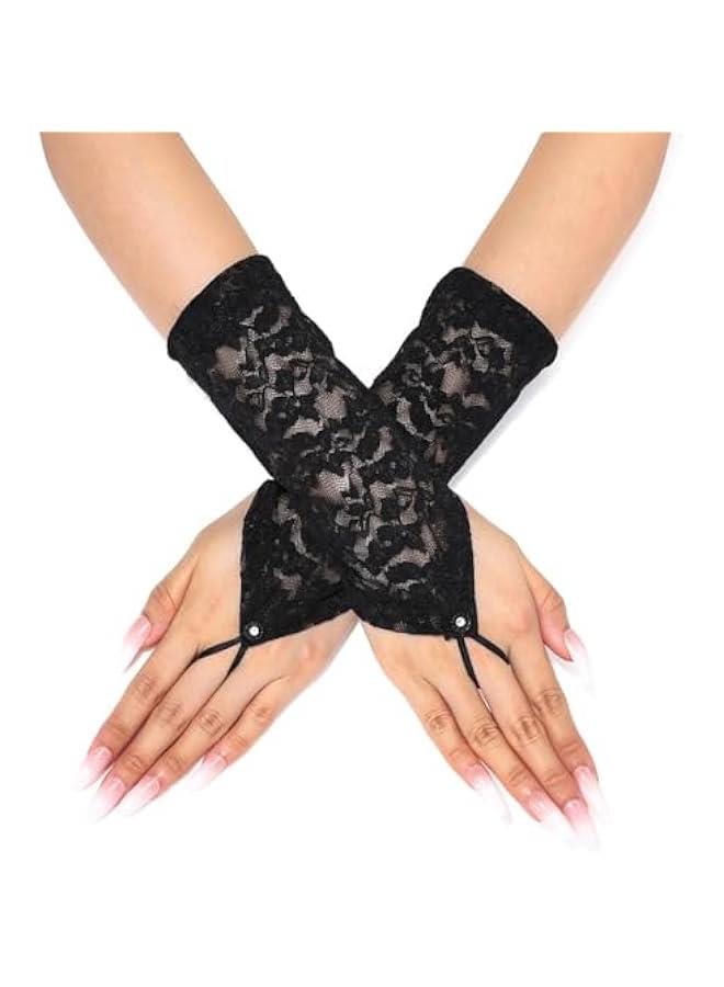 Lace Fingerless Gloves White Short Bride Wedding Gloves Floral Bridal Gloves for Women - Image 1