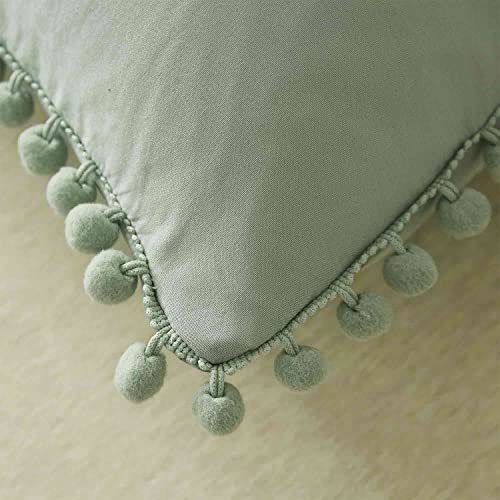 ETDIFFE Pom Standard Size Pillow Shams Set of 2, Boho Ball Tassel Trimmed Pillowshams, Pompom Fringe Cute Microfiber Pillowcases, 20x26 Inch, Sage Green - Image 2