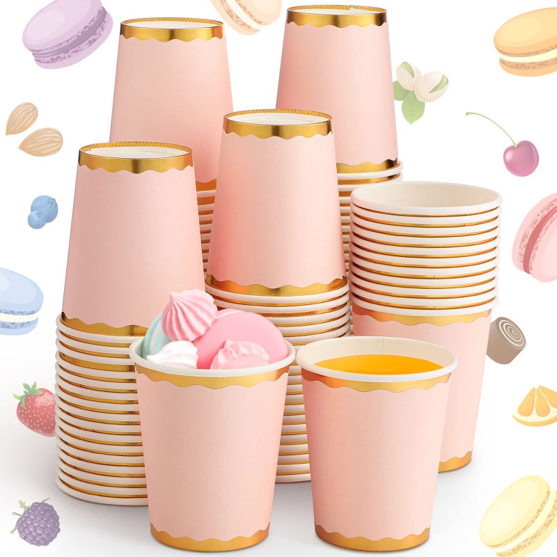 100 Count 9 oz Light Pink Cups Disposable Coffee Cup Pink Party Paper Tableware for Wedding Holiday Picnic Birthday Party Bridal Favor Coffee Beverage Tea