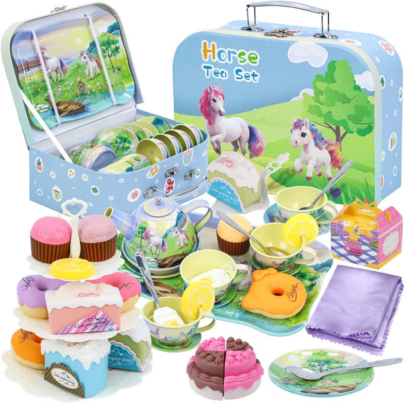 PRE-WORLD Tea Party Set for Little Girls50PCS Princess Horse Tea Time Toy Including Food Sweet Treats PlaysetsTeapot Tray CakeTablecloth  Carrying CaseKids Kitchen Pretend Play for Girls Boys Age 3 4 5 6 - Image 2