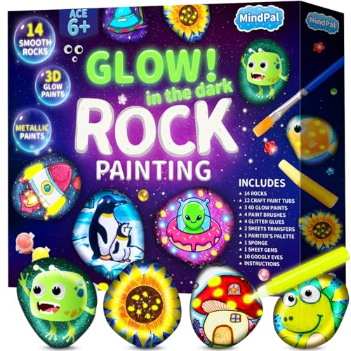 MindPal Kids Rock Painting Kit 14 Pebbles for Painting Glow in The Dark Rock Kit Arts and Crafts for Kids Ages 612 Birthday Christmas Gift for Boys and Girls - Image 1
