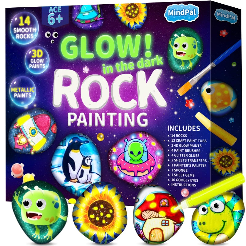 MindPal Kids Rock Painting Kit 14 Pebbles for Painting Glow in The Dark Rock Kit Arts and Crafts for Kids Ages 612 Birthday Christmas Gift for Boys and Girls - Image 2