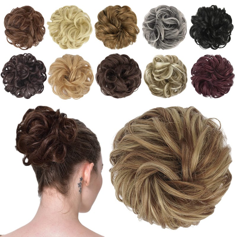 FESHFEN Messy Bun Hair Piece Elastic Wavy Curly Hair Bun Scrunchies Extensions Synthetic Chignon Hairpieces for Women Girls Brown Blonde 1 PCS