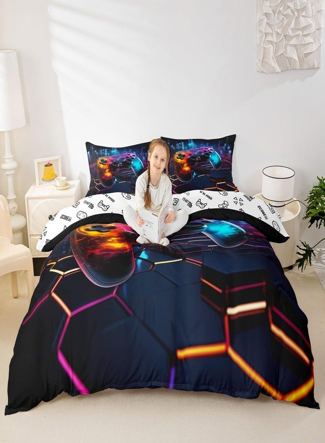 Man Fei Video Games Duvet Cover Set Queen Size, Geometric Honeycomb Bedding Set 3pcs for Kids Boys Teens, Modern Gamer Gaming Comforter Cover Children Gamepad Quilt Cover with 2 Pillowcases,No Comforter - Image 2