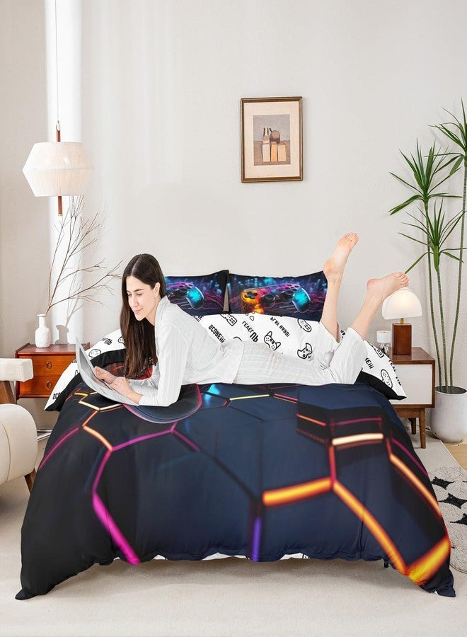 Man Fei Video Games Duvet Cover Set Queen Size, Geometric Honeycomb Bedding Set 3pcs for Kids Boys Teens, Modern Gamer Gaming Comforter Cover Children Gamepad Quilt Cover with 2 Pillowcases,No Comforter - Image 4