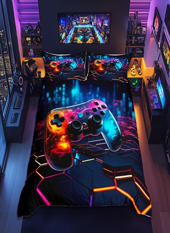 Man Fei Video Games Duvet Cover Set Queen Size, Geometric Honeycomb Bedding Set 3pcs for Kids Boys Teens, Modern Gamer Gaming Comforter Cover Children Gamepad Quilt Cover with 2 Pillowcases,No Comforter - Image 1
