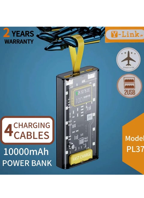 Y-Linkin 10000mAh LCD Transparent Power Bank with Built-in 3-in-1 Cables, Over-Charge Protection, Fast Charging & LED Display (Type-C/USB/Lightning)Black