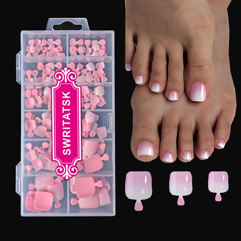 SWRITATSK Press On Toe Nails,French Press On Toenails For Women,Square Toe Nail Press Ons Toe Nails,120Pcs Toe Nail Tips,12 Sizes Ombre Pink Wearable Full Cover Fake Toenails,False Nails Gel Toe Nails - Image 1