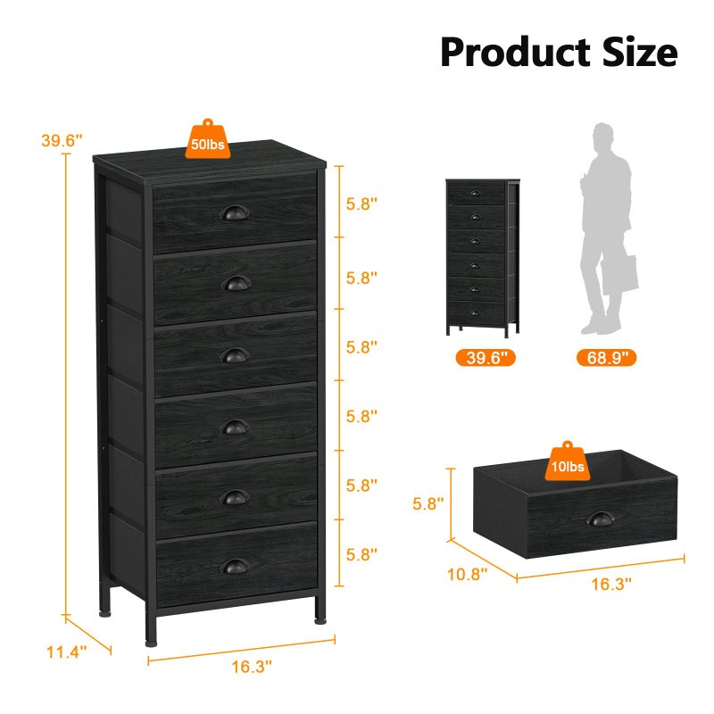 Furnulem Tall Dresser with 6 Drawers,Vertical Bedside End Table & Chest for Bedroom,Black Storage Tower Dorm Nightstand with Fabric Drawer Organizer Unit Furniture in Living Room,Closet,Hallyway - Image 3