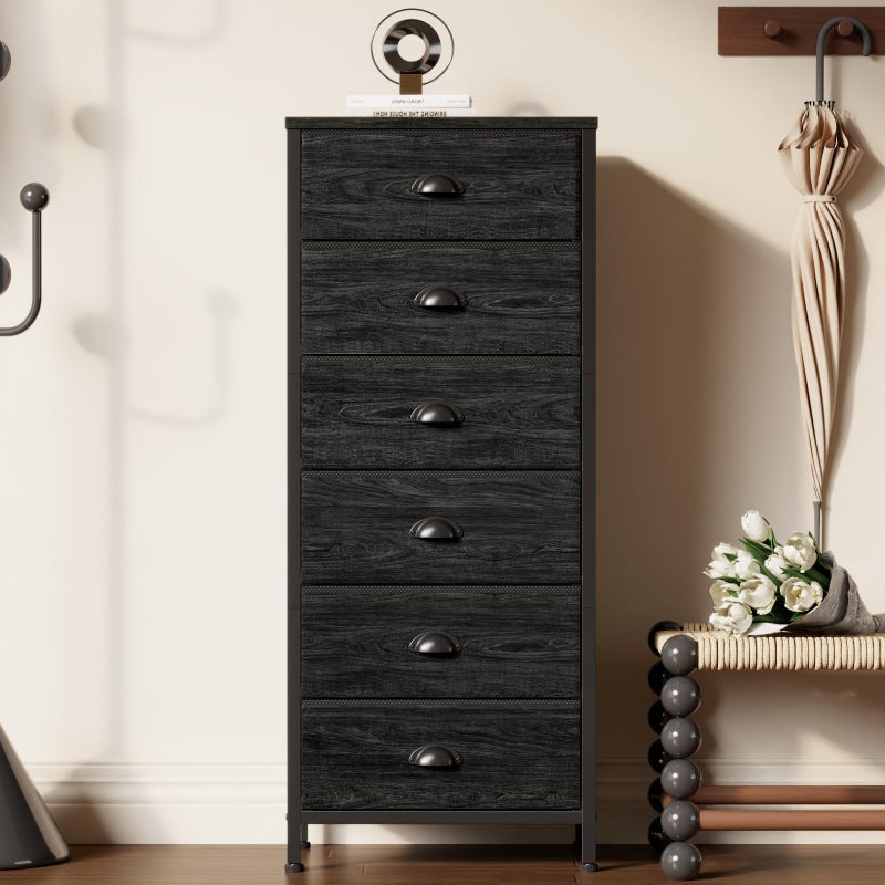 Furnulem Tall Dresser with 6 Drawers,Vertical Bedside End Table & Chest for Bedroom,Black Storage Tower Dorm Nightstand with Fabric Drawer Organizer Unit Furniture in Living Room,Closet,Hallyway - Image 2