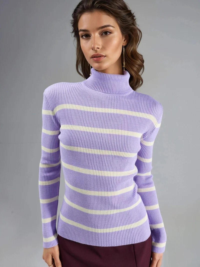 MY FASHION Fitted Striped Ribbed Turtleneck Sweater