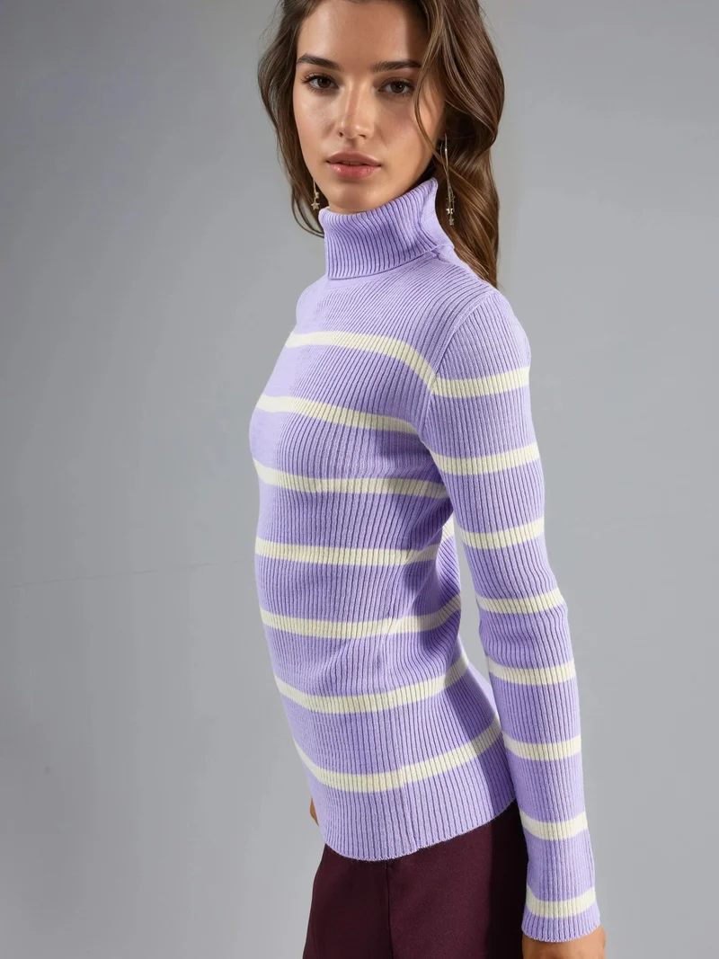 My Fashion Lilac Purple MY FASHION Fitted Striped Ribbed Turtleneck Sweater for Women | Best Price UAE