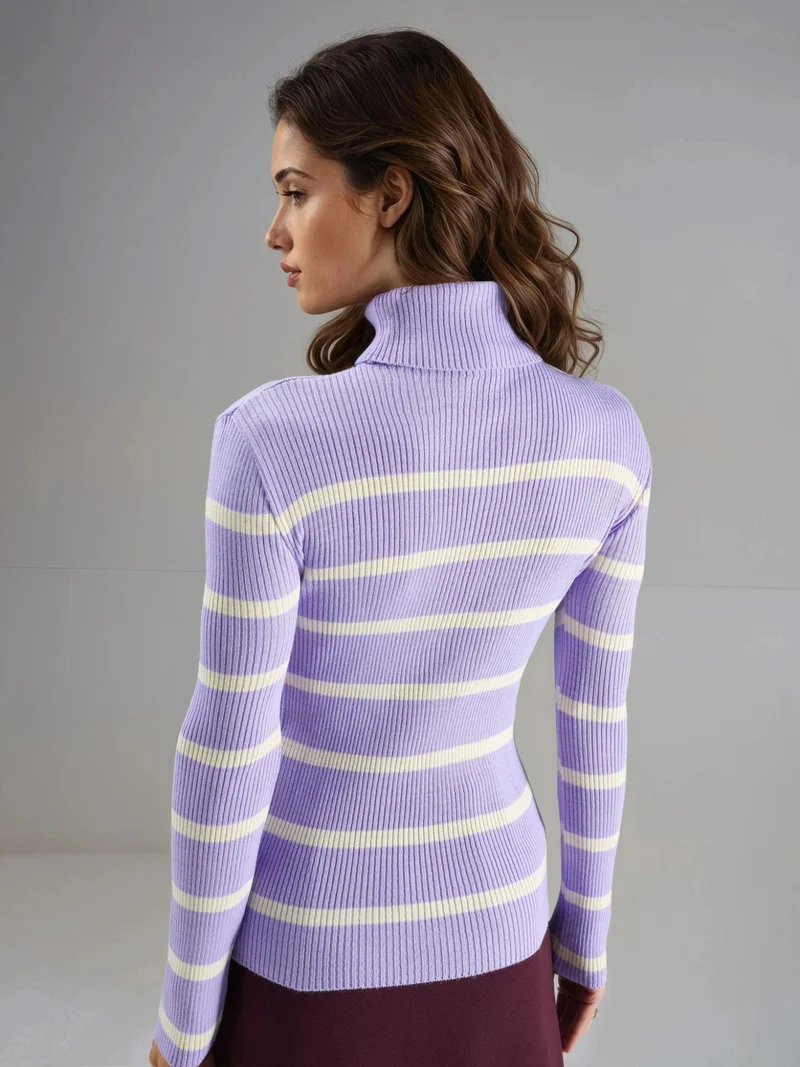 My Fashion Lilac Purple MY FASHION Fitted Striped Ribbed Turtleneck Sweater for Women | Best Price UAE