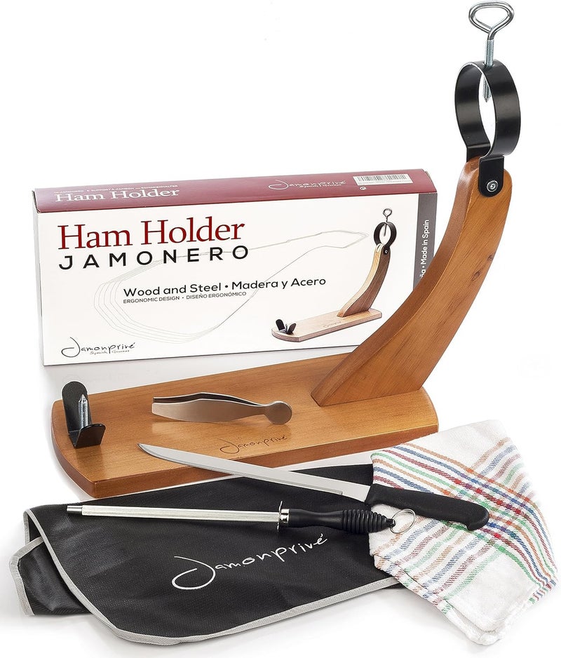 Ham Stand Spain with Knife and Sharpening Steel  Ham Cover  Kitchen Cloth  Tongs  Orginal Ham Holder for Spanish Hams and Italian Prosciutto