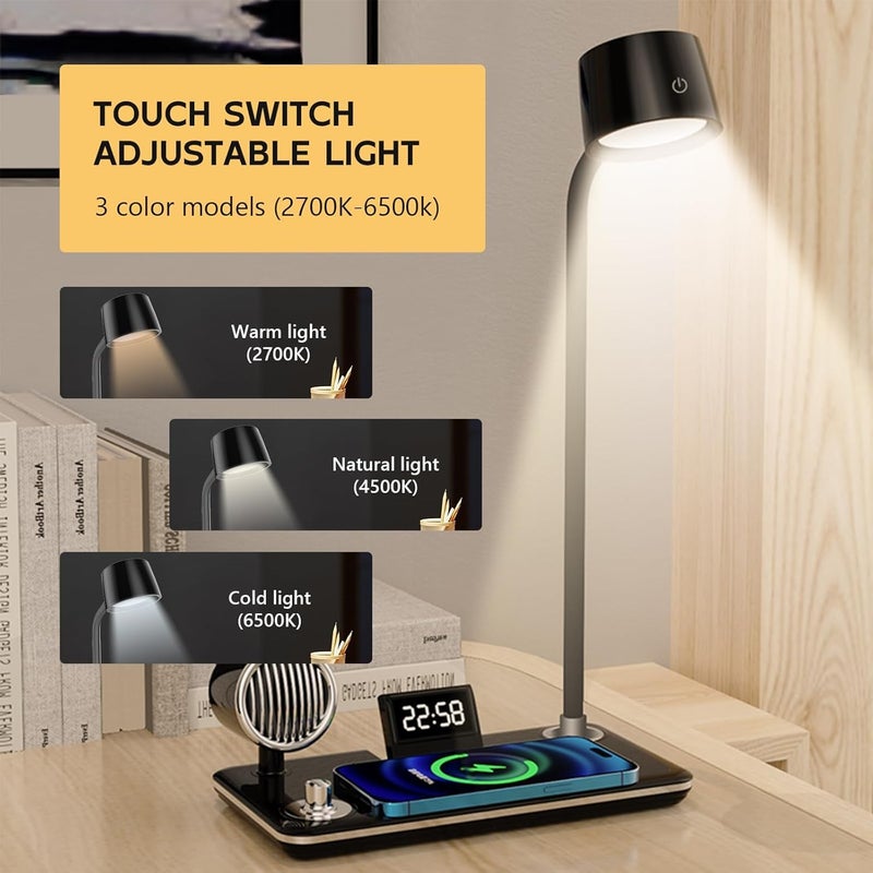 LIPSA ENTERPRISE Desk Lamps 4 in 1 for Home Office Wireless Charger Small Desk Lamp with Bluetooth Speaker Touch Lamps for nightstand Reading Night Light with ClockDimmableSide Table Lamp  - Image 4